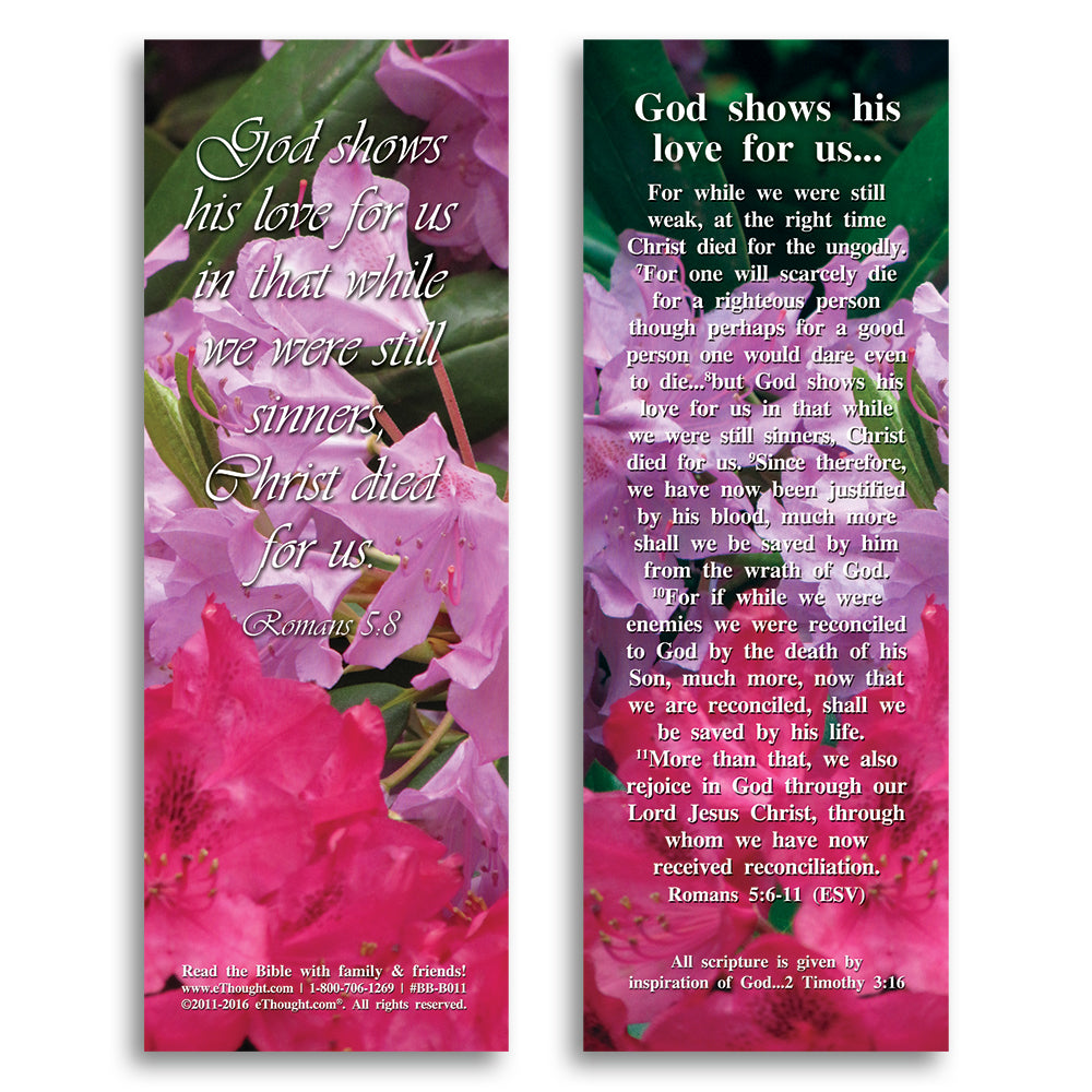God Shows His Love For Us - Pack of 25 Bible Bookmarks - 2x6 - eThought, Double-Sided with Key Messages from Romans 5:6-11, 5:8, Inspirational Love and Reconciliation Thoughts for Study, Reflection, and Gifts