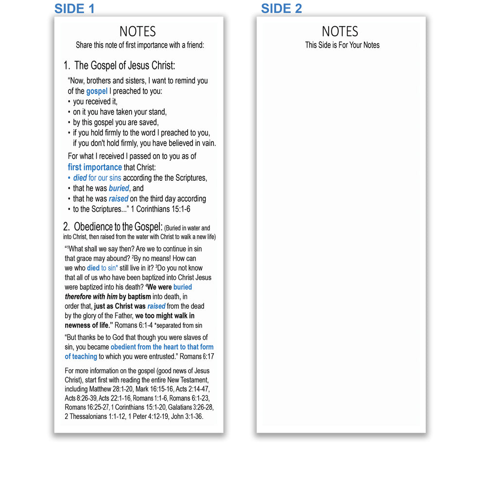 Gospel Message Note Paper - Pack of 250 Notes - Double-Sided - 3.25 inches wide x 8 inches tall