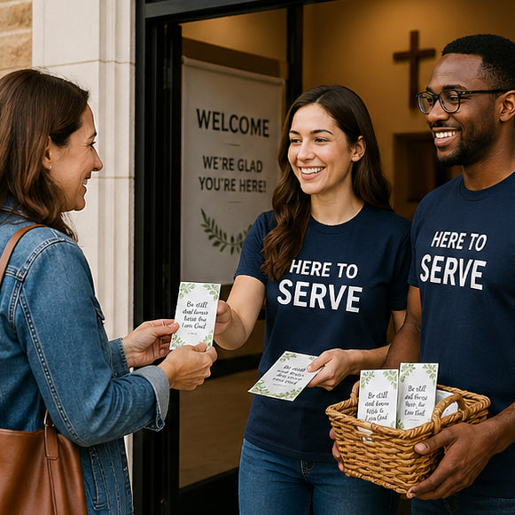 Two people in 'Here to Serve' shirts handing out pamphlets to a third person outside a building.